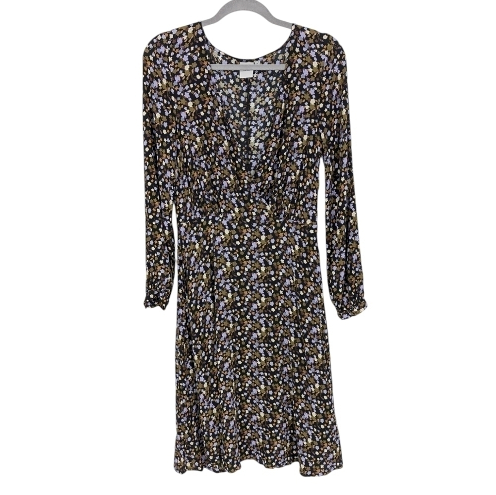 ICHI Calissa Long Sleeve Floral Midi Dress Black Purple Viscose XS